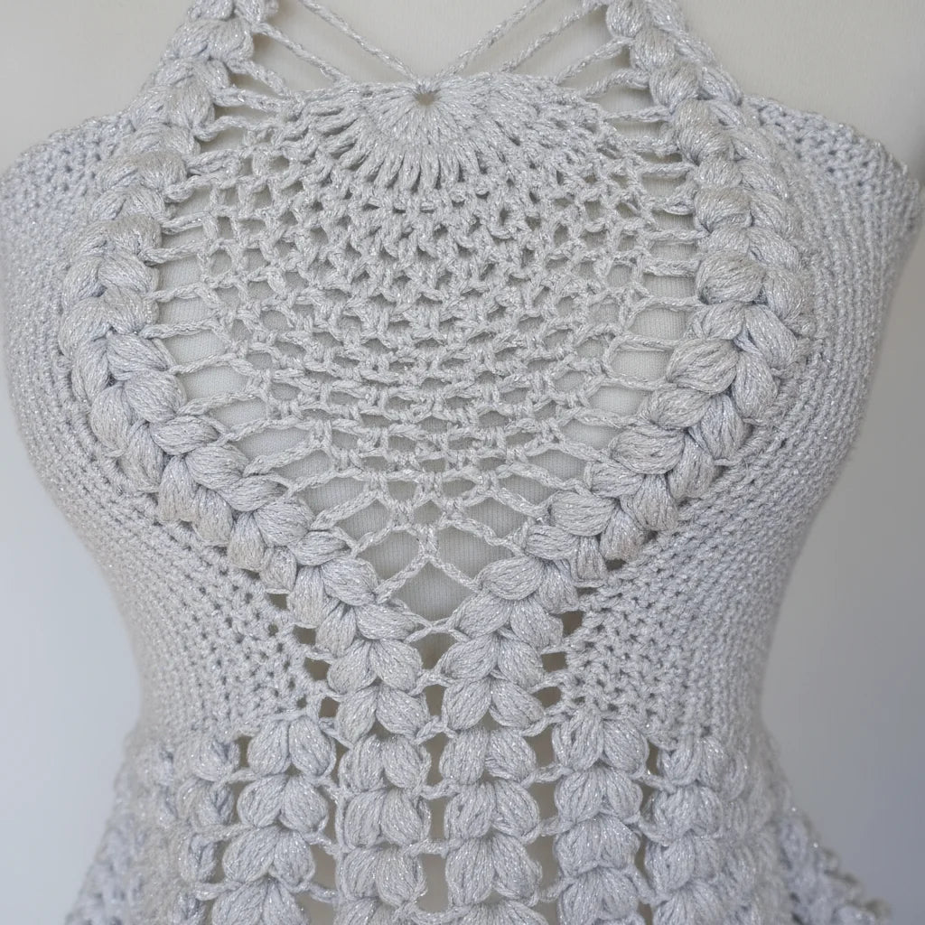 Moonlight Peplum Top Silver — close up detail of silver metallic crochet lace pattern and peplum frill - ictorian Velvet