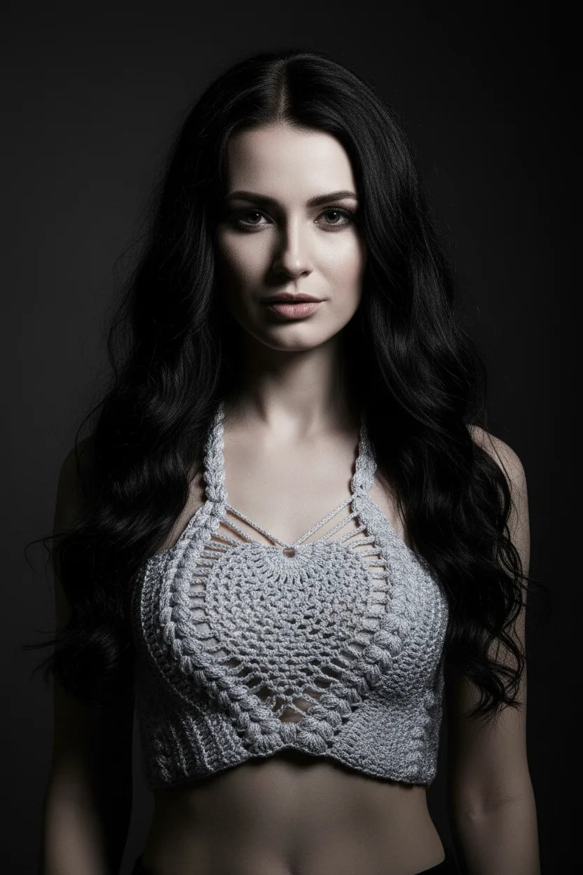Moonlight Halter Top Silver — handmade silver crochet halter crop top, front view, intricate lace pattern, dark gothic studio background - Victorian Velvet