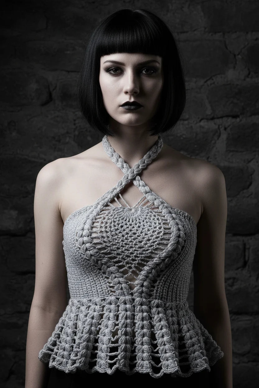 Front view of a pale gothic woman with short dark black bob hair with fringe wearing a silver metallic shimmer crochet halter peplum top with open lace pattern of leaf and shell motifs, two thick braided silver crochet straps crossing in an X shape at center chest going up to tie behind the neck, fitted waist with flared peplum frill and scalloped bottom edge, dark charcoal grey stone wall background - Victorian Velvet