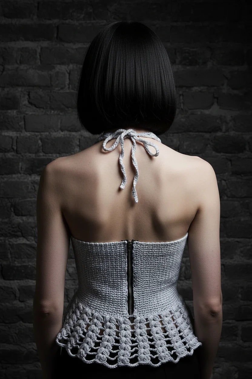 Back view of a pale gothic woman with short dark black bob hair with fringe wearing a silver metallic shimmer crochet halter peplum top with fitted solid crochet back panel, silver zipper running down the center back, flared peplum frill with scalloped bottom edge, braided halter neck ties tied in a bow at the back of the neck, bare upper back and shoulders visible, dark charcoal grey stone wall background - Victorian Velvet
