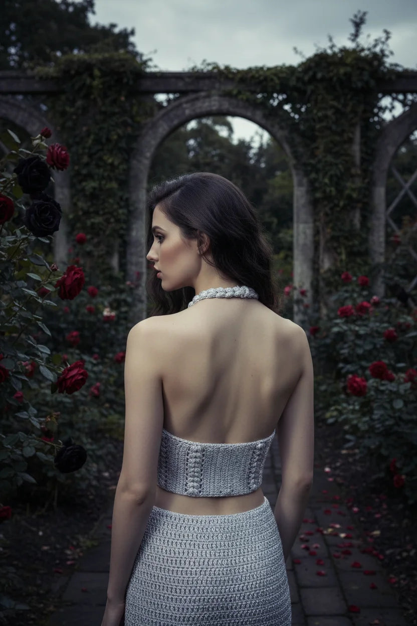 Moonlight Halter Top Silver — handmade crochet halter crop top, back view, romantic garden with red roses and stone arch - Victorian Velvet