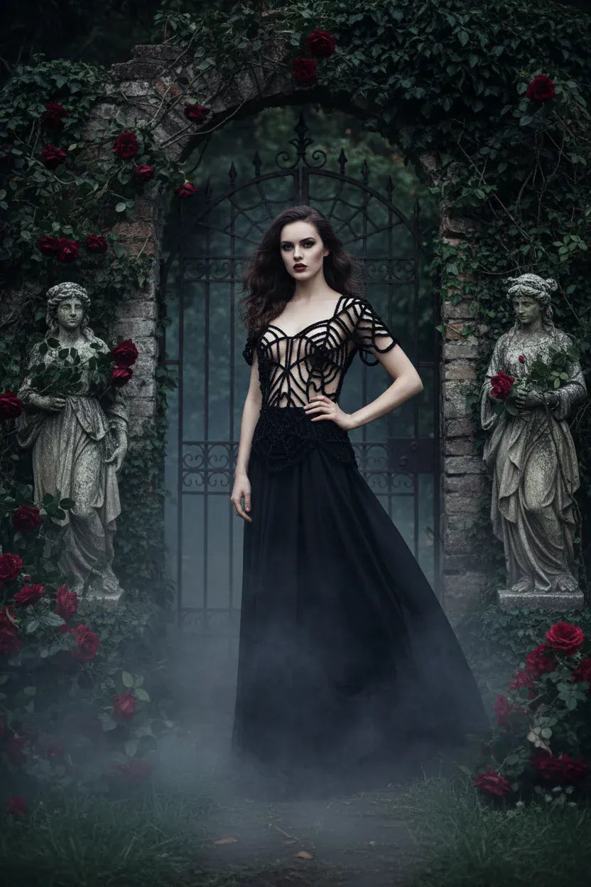 Woman wearing black handmade crochet spiderweb top with sweetheart neckline standing in a gothic garden with stone statues, red roses and iron gate in the mist - Victorian Velvet
