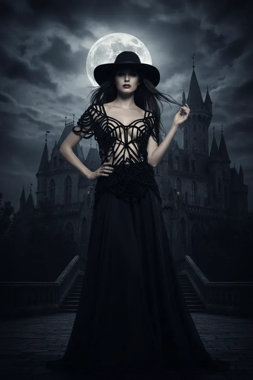 Mysterious woman in black crochet spiderweb top and wide brim hat standing before a gothic castle under a full moon with dramatic cloudy night sky - Victorian Velvet
