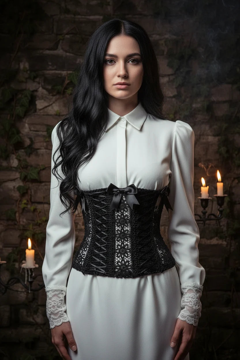 Gothic Lace Corset Belt The Dark Duchess — close up front view, model with long dark hair wearing black handmade crochet corset with guipure lace panel and satin bows, gothic stone wall with candles - Victorian Velvet