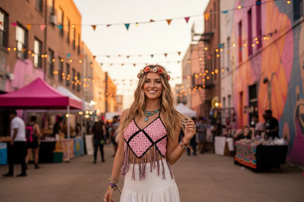 Pink & Black Granny Square Crochet Top - Boho Festival Fringe — smiling female model wearing handmade pink and black crochet halter top with fringe at a summer festival, flower crown, golden hour light - Victorian Velvet