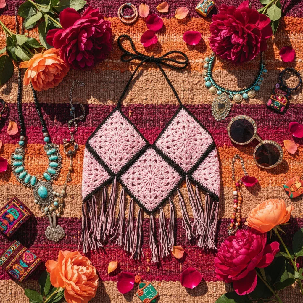 Pink & Black Granny Square Crochet Top - Boho Festival Fringe - Victorian Velvet