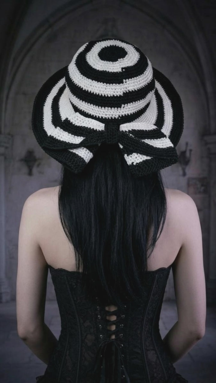 Handmade black and white striped crochet hat - Tim Burton inspired gothic whimsy, Victorian Velvet