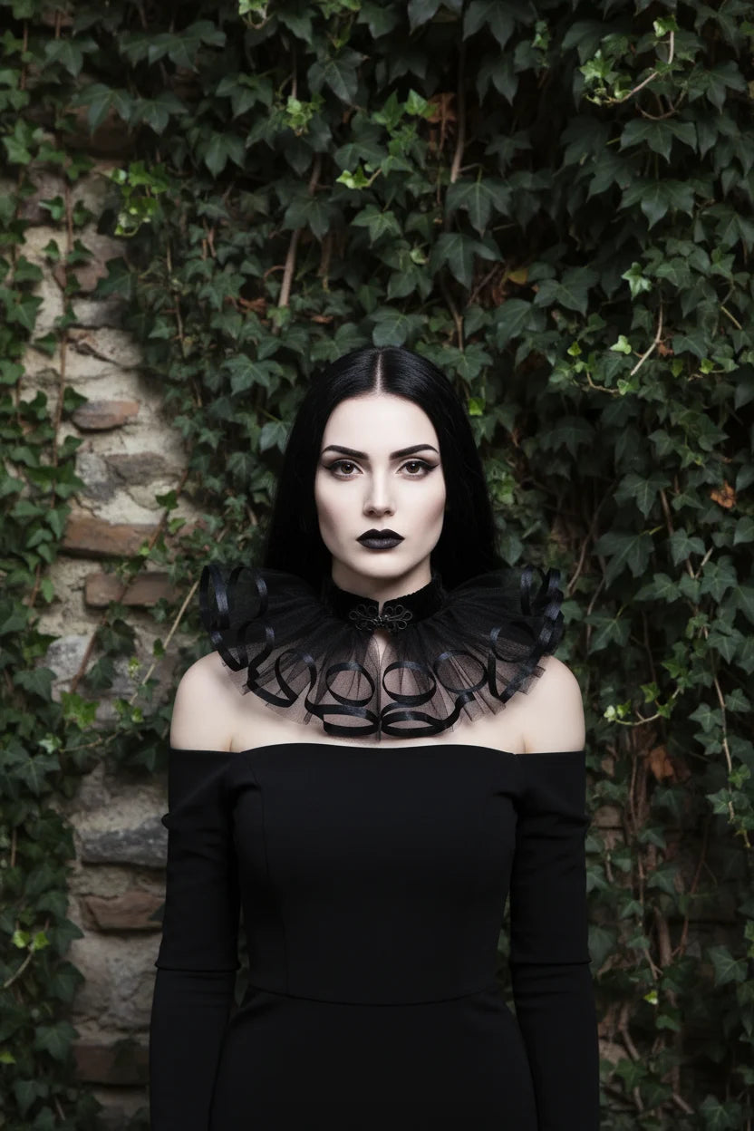 Gothic tulle collar with black satin ribbon loops and velvet neckband, worn by a pale woman with long black hair and dark gothic makeup, standing against an ivy-covered stone wall — The Shadow Bloom by Victorian Velvet