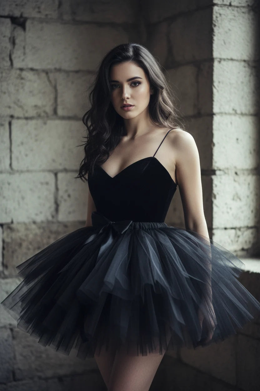 Black tulle tutu skirt with black satin ribbon bow at waist, worn with black velvet corset top, front view, gothic fashion editorial - Victorian Velvet