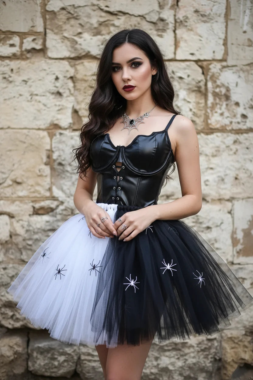 Black and white two-tone tulle skirt with spider decorations, worn with black faux leather corset top, front view, gothic fashion editorial, Victorian Velvet