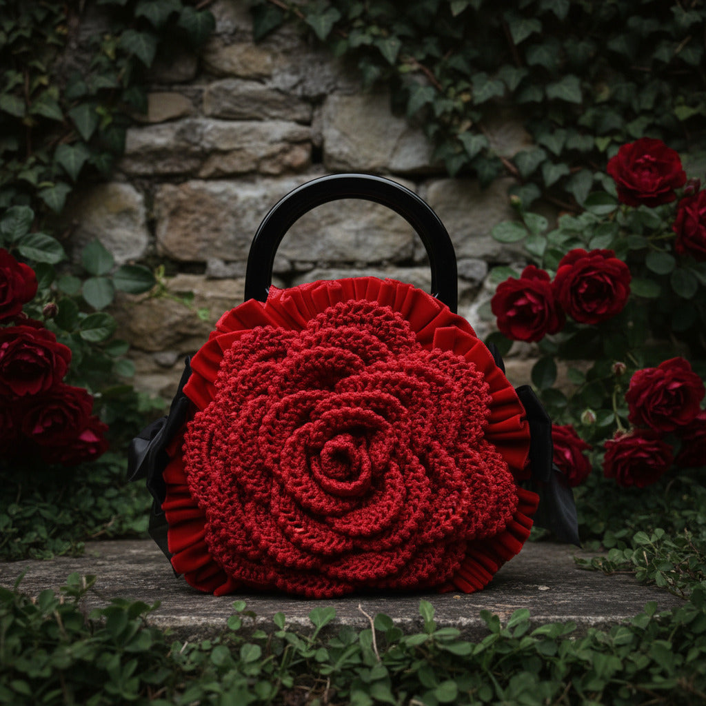Front view of handmade red crochet rose handbag with red ruffles and black handles, photographed against a stone wall with blooming dark red roses - Victorian Velvet