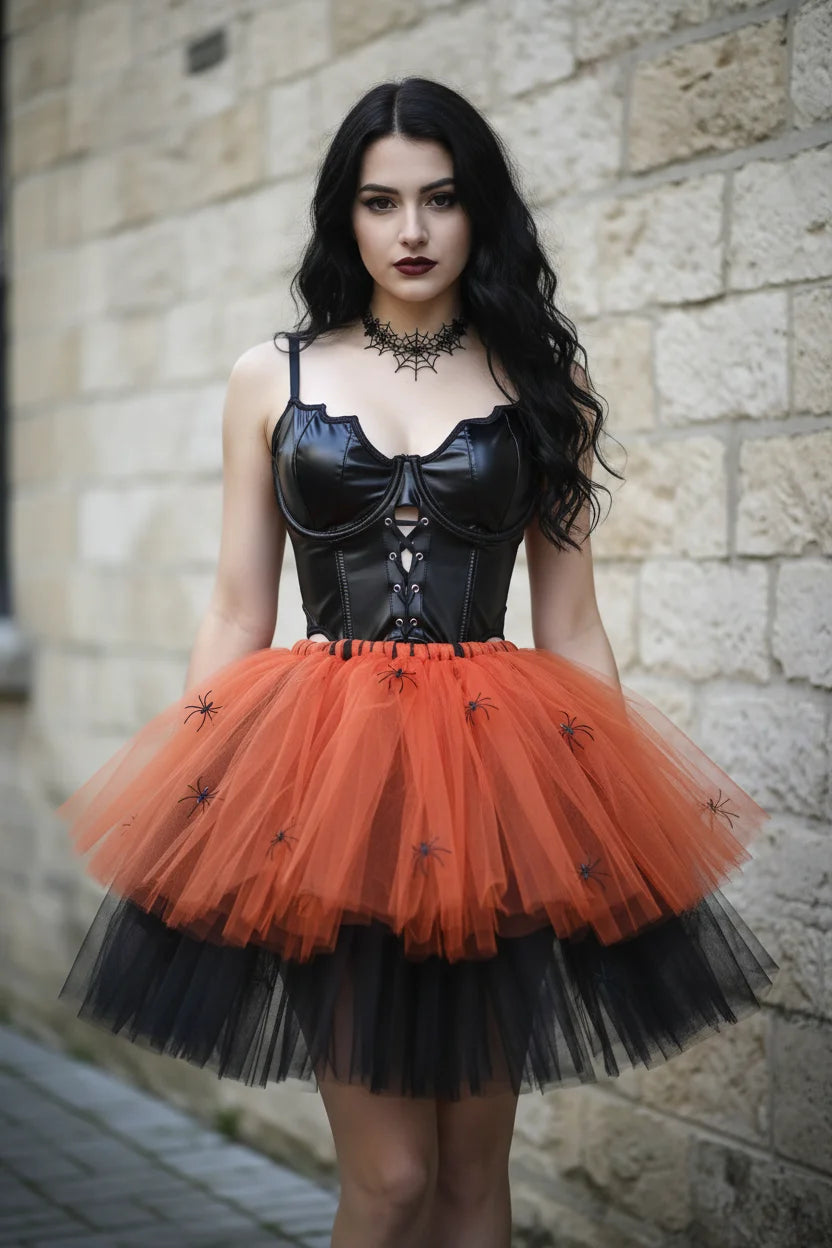 Gothic Halloween tulle skirt in orange and black with spider decorations, front view, model standing, worn with black corset top, gothic fashion editorial, Victorian Velvet