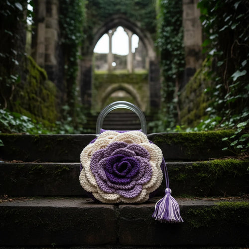 Front view of a handmade cream crochet rose-shaped handbag with lavender and deep purple center, clear acrylic arch handle and lilac tassel, placed on mossy gothic stone steps with overgrown abbey ruins in the background - Victorian Velvet