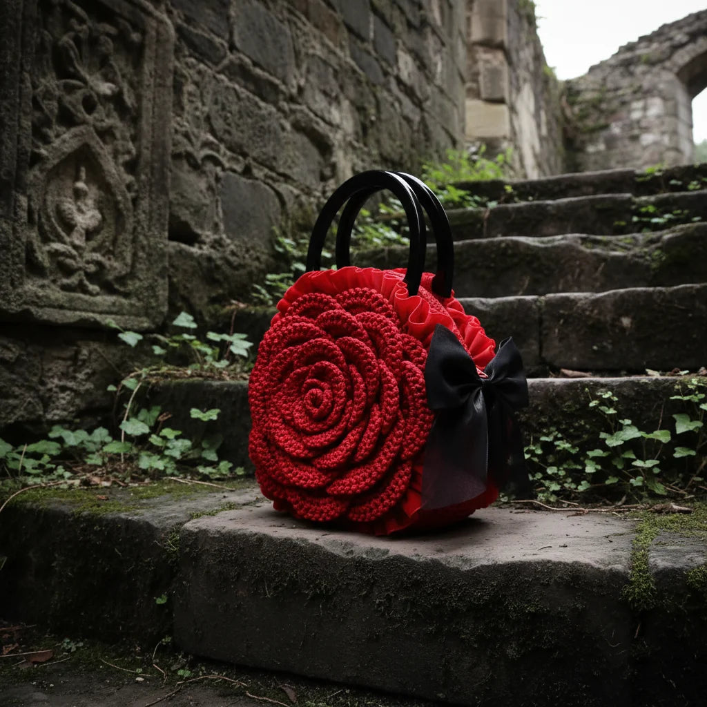 Handmade red crochet rose handbag with black acrylic handles and black satin bow, placed on gothic stone steps with ivy and carved stone wall in the background - Victorian Velvet