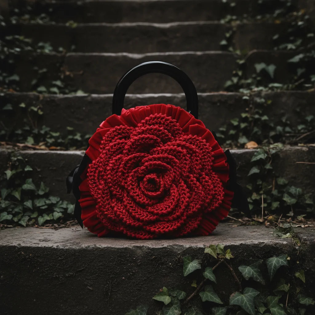 Front view of a handmade red crochet rose-shaped handbag with red ruffled satin frill and black acrylic handle, placed on dark stone steps surrounded by ivy - Victorian Velvet