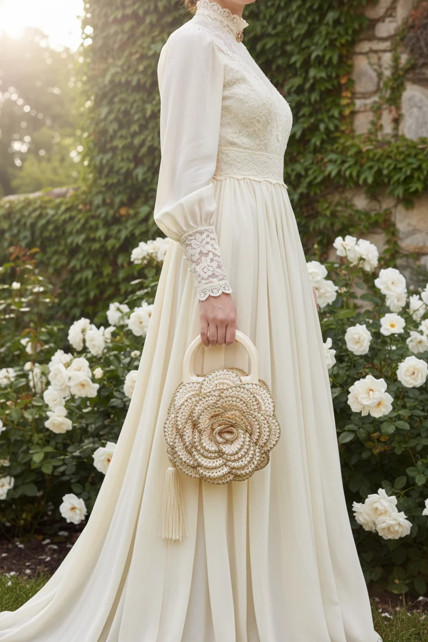 Versailles Rose handmade crochet rose handbag held by elegant woman in white dress standing among climbing white roses on stone wall — Victorian Velvet