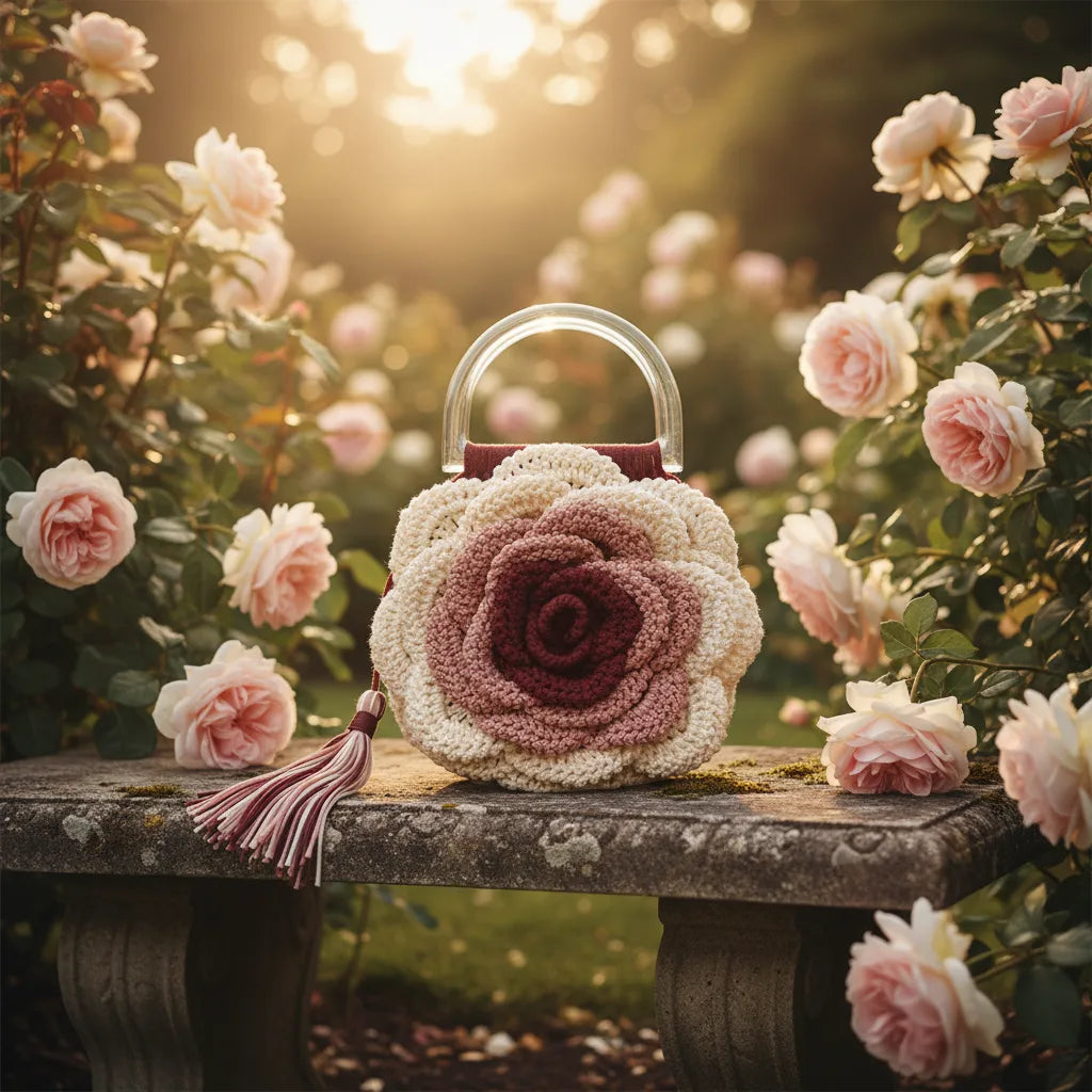 Handmade cream and burgundy crochet rose handbag with clear acrylic handles and burgundy tassel, displayed on a stone garden bench surrounded by blooming pink and cream roses in golden afternoon light by Victorian Velvet