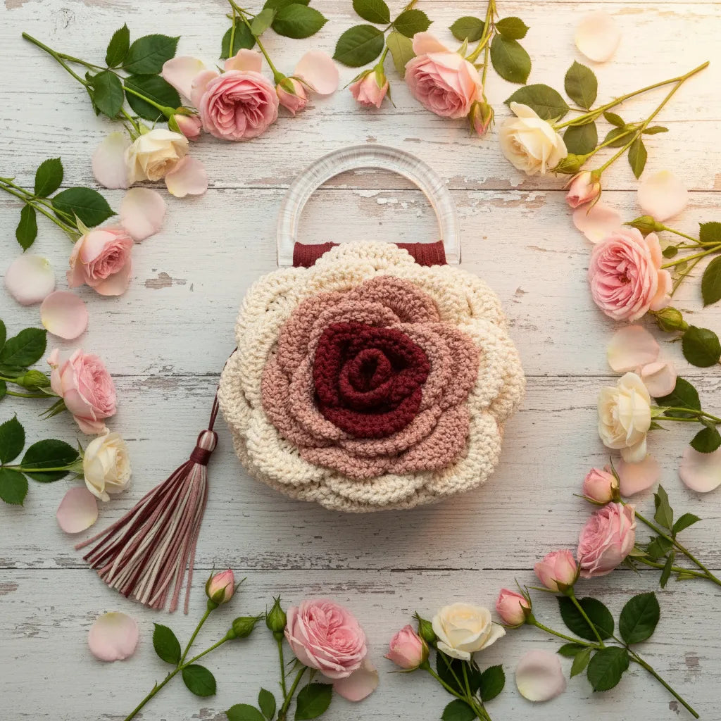 Handmade cream and burgundy crochet rose handbag with clear acrylic handles and burgundy tassel, flat lay on weathered white wooden surface surrounded by pink and cream roses, rose petals and green leaves by Victorian Velvet