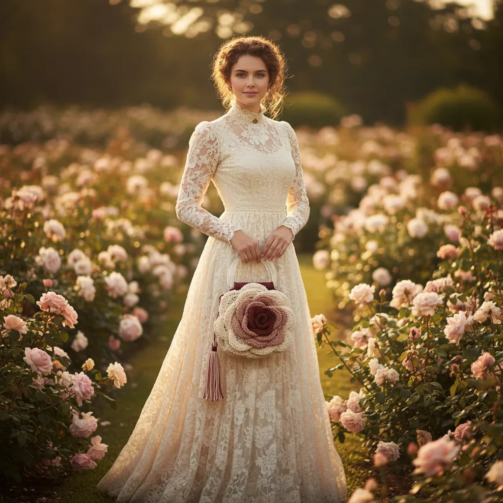 Elegant woman in cream Victorian lace gown standing in an English rose garden at golden hour, holding a handmade cream and burgundy crochet rose handbag with clear acrylic handles and tassel by Victorian Velvet