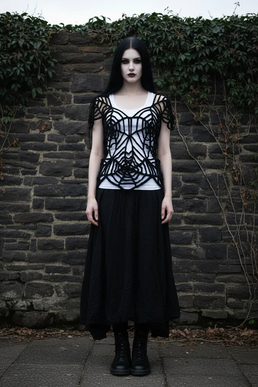 Gothic Spider Web Crochet Top full body front view – pale gothic model with long dark hair in black spider web top over white tank top and long black skirt, stone wall background - Victorian Velvet