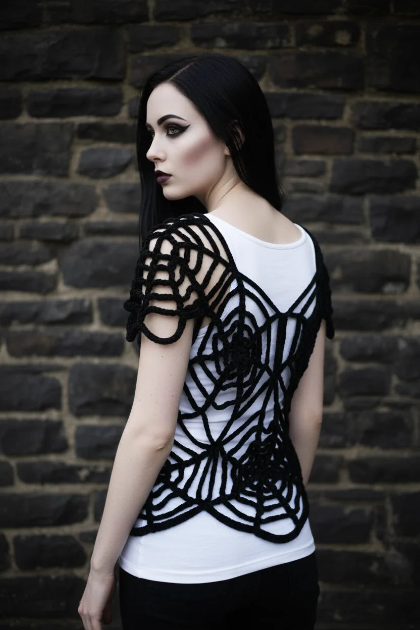 Gothic Spider Web Crochet Top – pale gothic model, back three-quarter view showing full spider web pattern and short sleeves over white tank top, stone wall background - Victorian Velvet