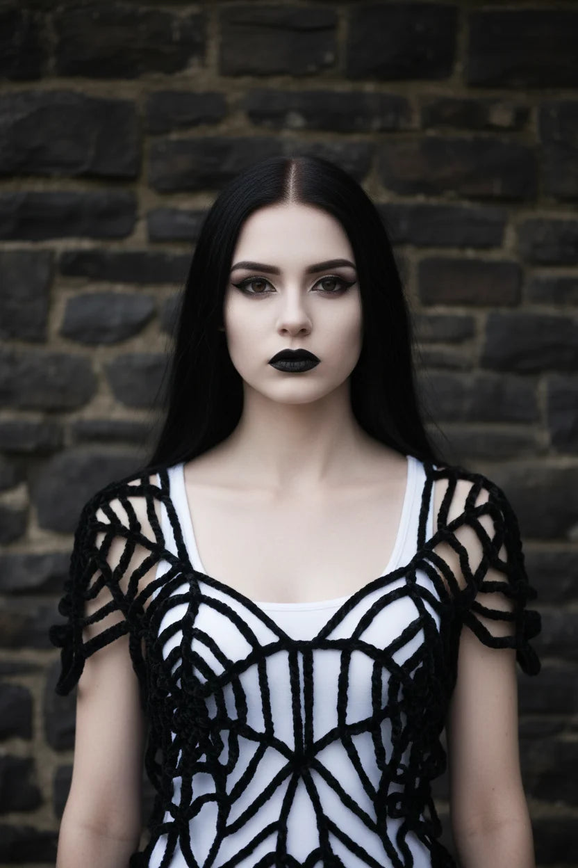 Gothic Spider Web Crochet Top – pale gothic model, close-up front view, black open spider web pattern over white tank top, short sleeves, weathered stone wall background - Victorian Velvet