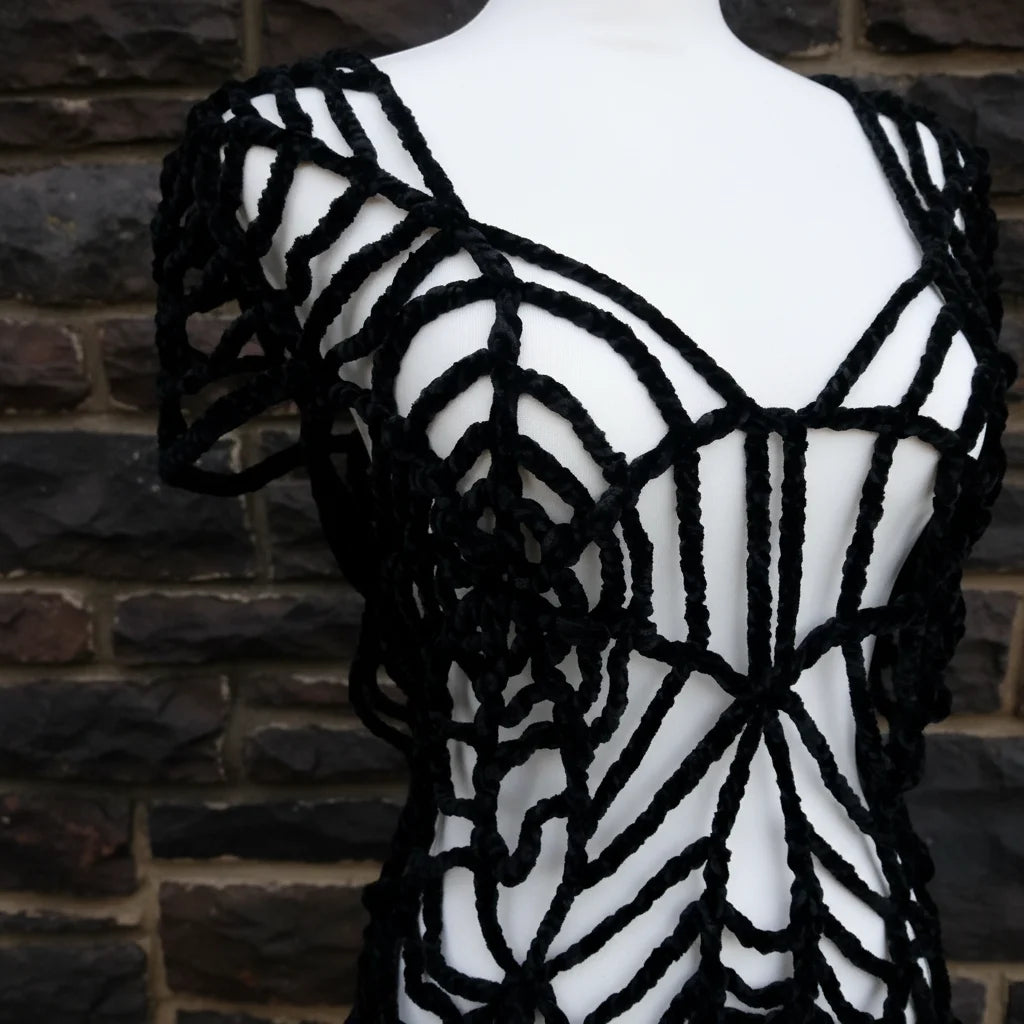 Gothic Spider Web Crochet Top detail – close-up of handmade black crochet spider web pattern and short sleeve construction on mannequin, stone wall background - Victorian Velvet