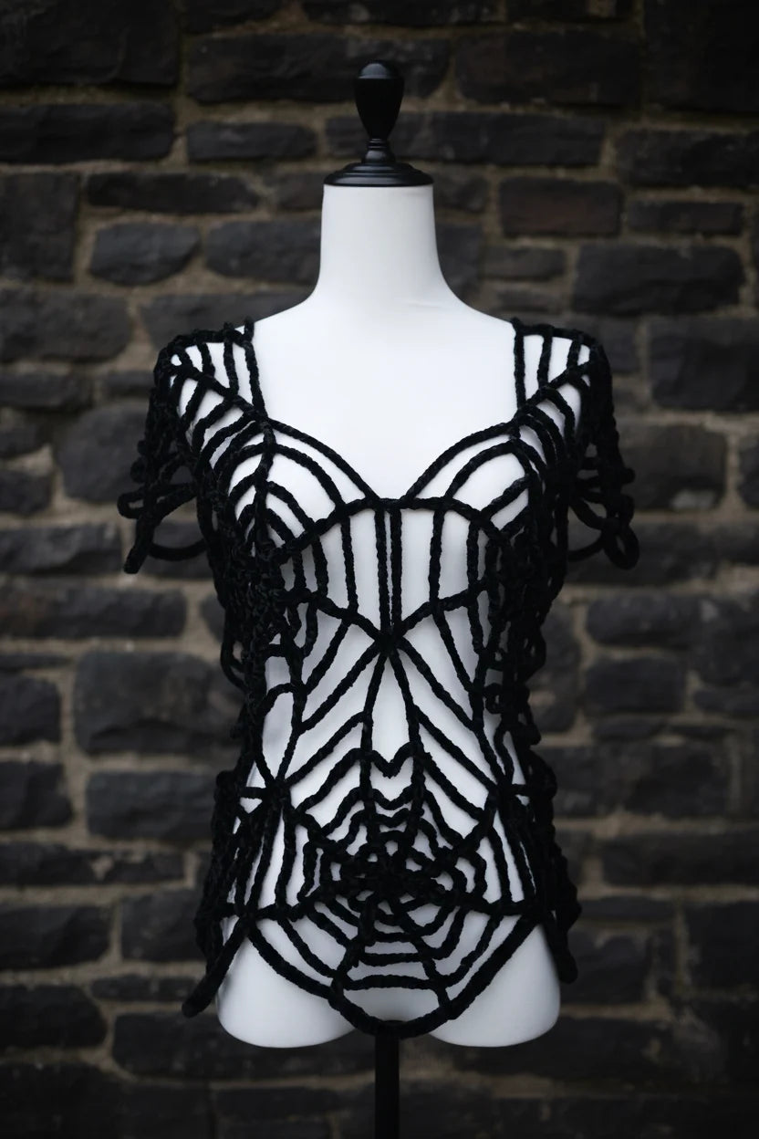 Gothic Spider Web Crochet Top on mannequin – front view showing full spider web pattern with short sleeves and V-neckline, black handmade crochet top, stone wall background - Victorian Velvet