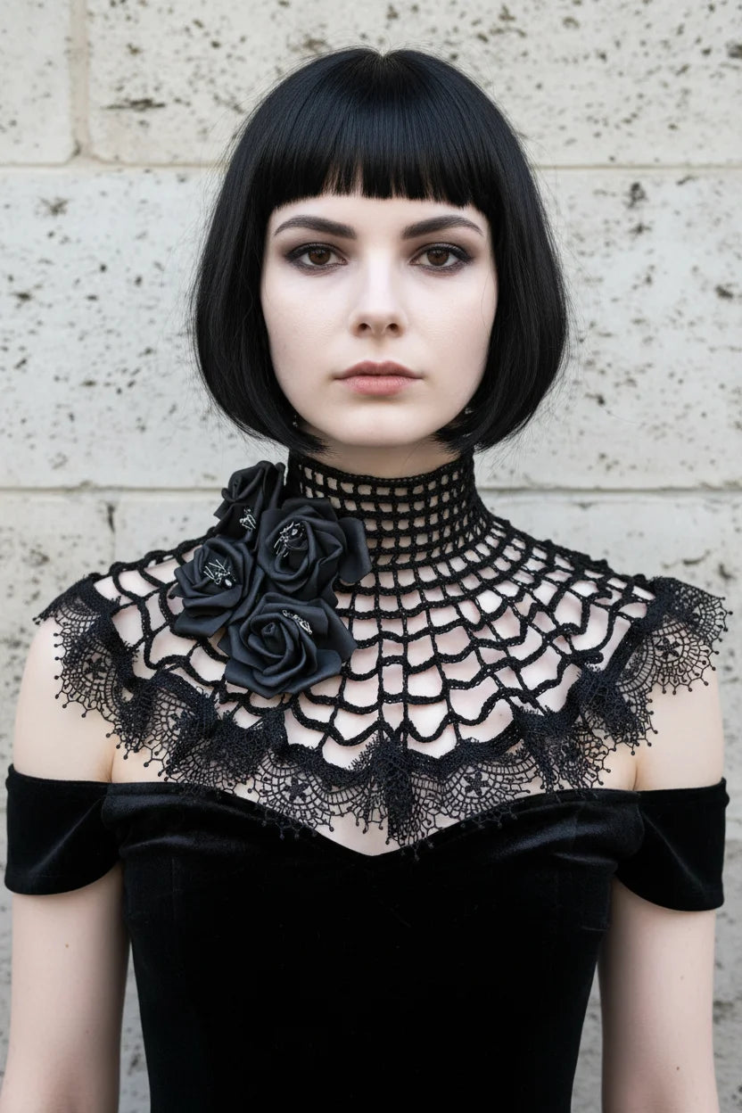 Front view of a pale gothic woman with short dark black bob hair with straight fringe wearing a black crochet spider web collar capelet over a black off-shoulder velvet dress, high fitted open grid mesh turtleneck band, wide circular capelet with spider web crochet pattern, cluster of three large black satin roses with small silver spider brooches on the left side, wide black lace ruffle trim with bead drops at the outer edge, grey stone wall background - Victorian Velvet