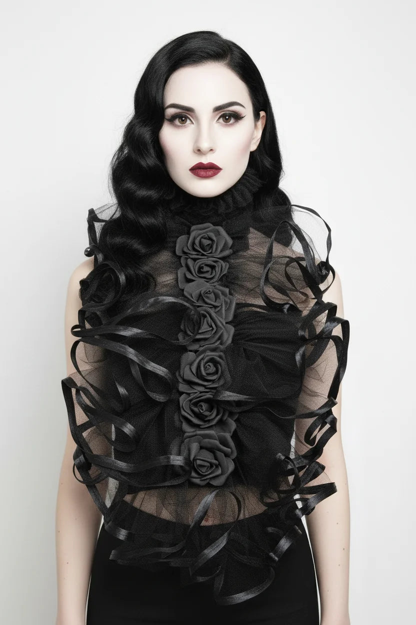 The Dark Countess gothic couture crop top — front view, black tulle with hand-curled satin ribbons and seven black satin roses — Victorian Velvet
