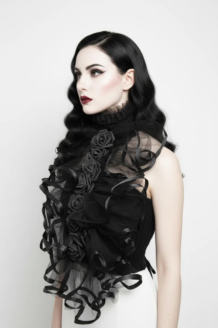 The Dark Countess gothic couture crop top — side view showing sculptural tulle and satin ribbons — Victorian Velvet