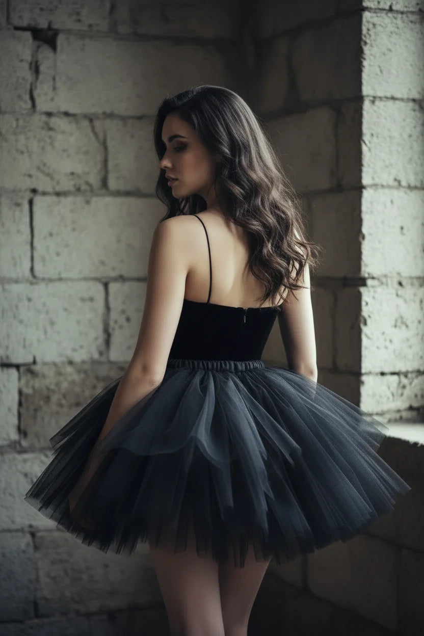 Black tulle tutu skirt with elastic waistband, no zipper, worn with black velvet corset top, back view, gothic fashion editorial - Victorian Velvet
