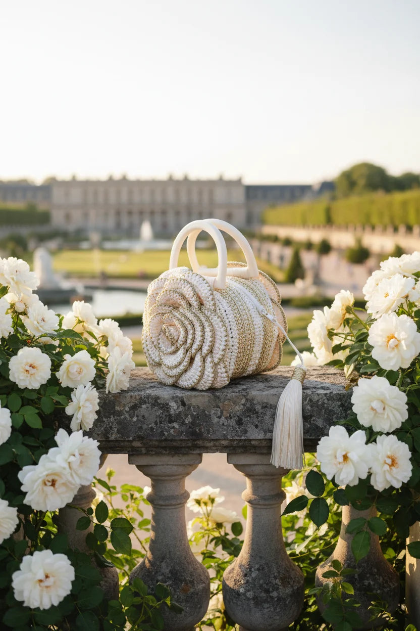 Versailles Rose handmade crochet rose handbag side view on stone balustrade surrounded by white roses — Victorian Velvet