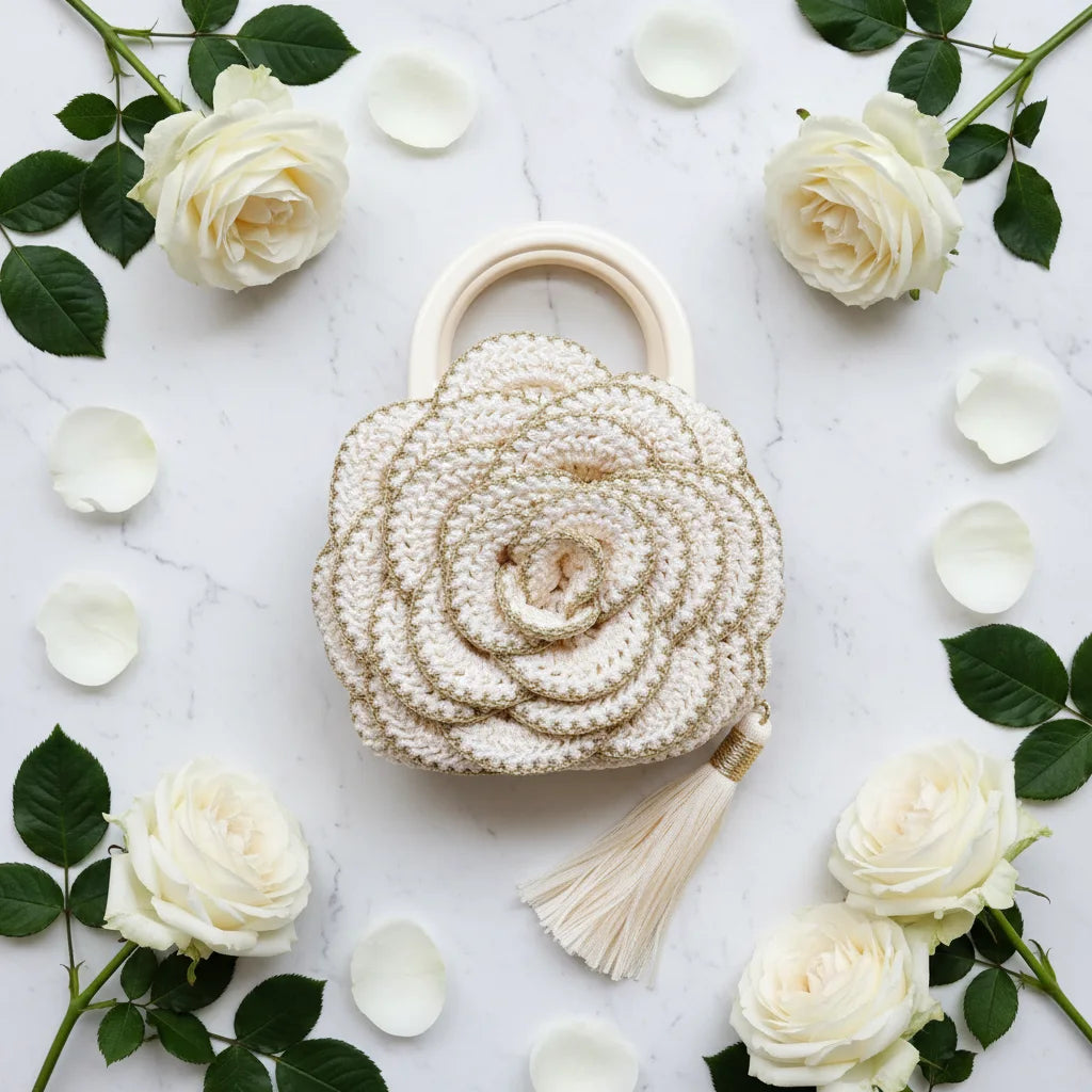 Versailles Rose handmade crochet rose handbag flat lay on white marble with white rose blooms — Victorian Velvet