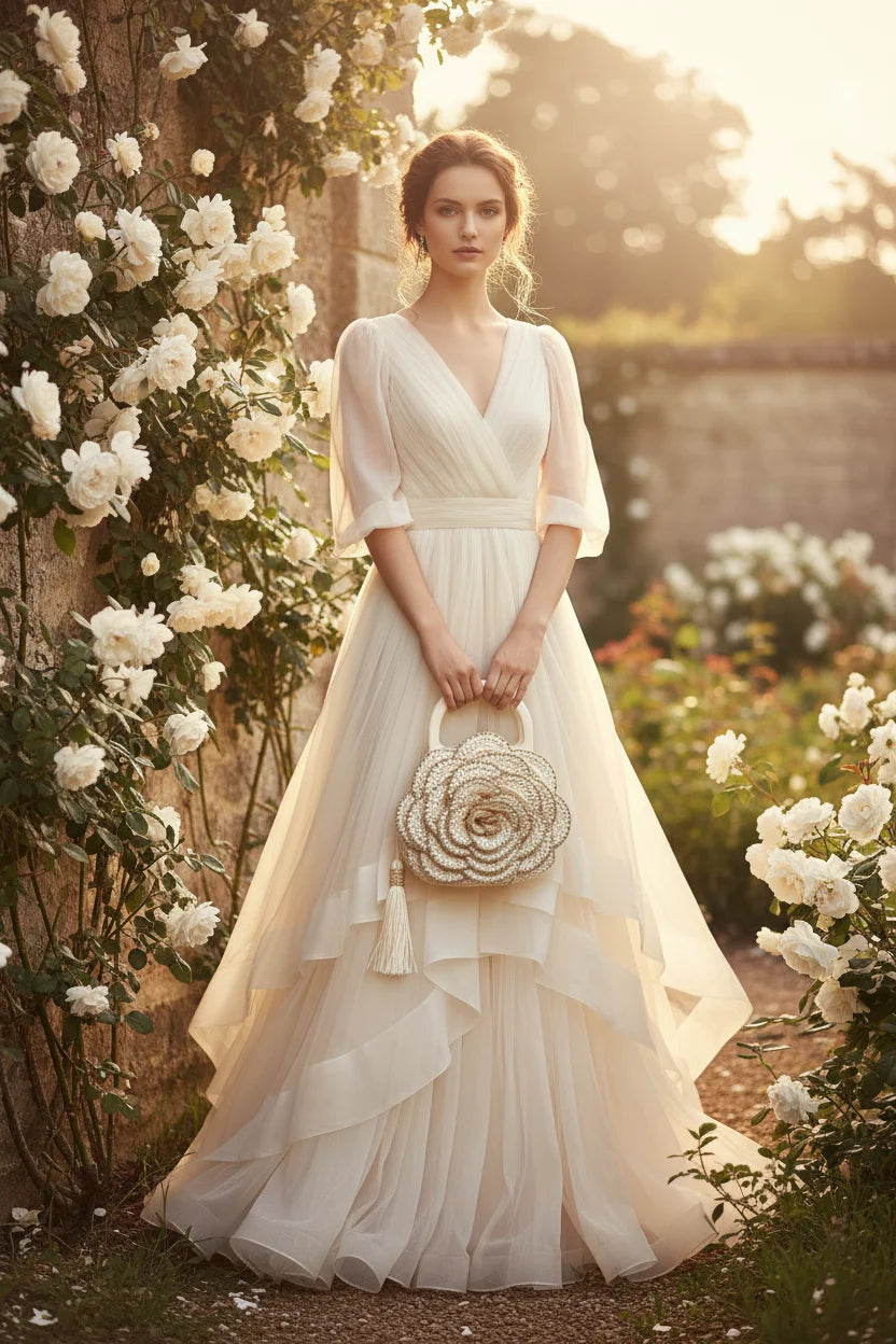 Versailles Rose handmade crochet rose handbag held by elegant woman in flowing white dress in romantic rose garden at golden hour — Victorian Velvet