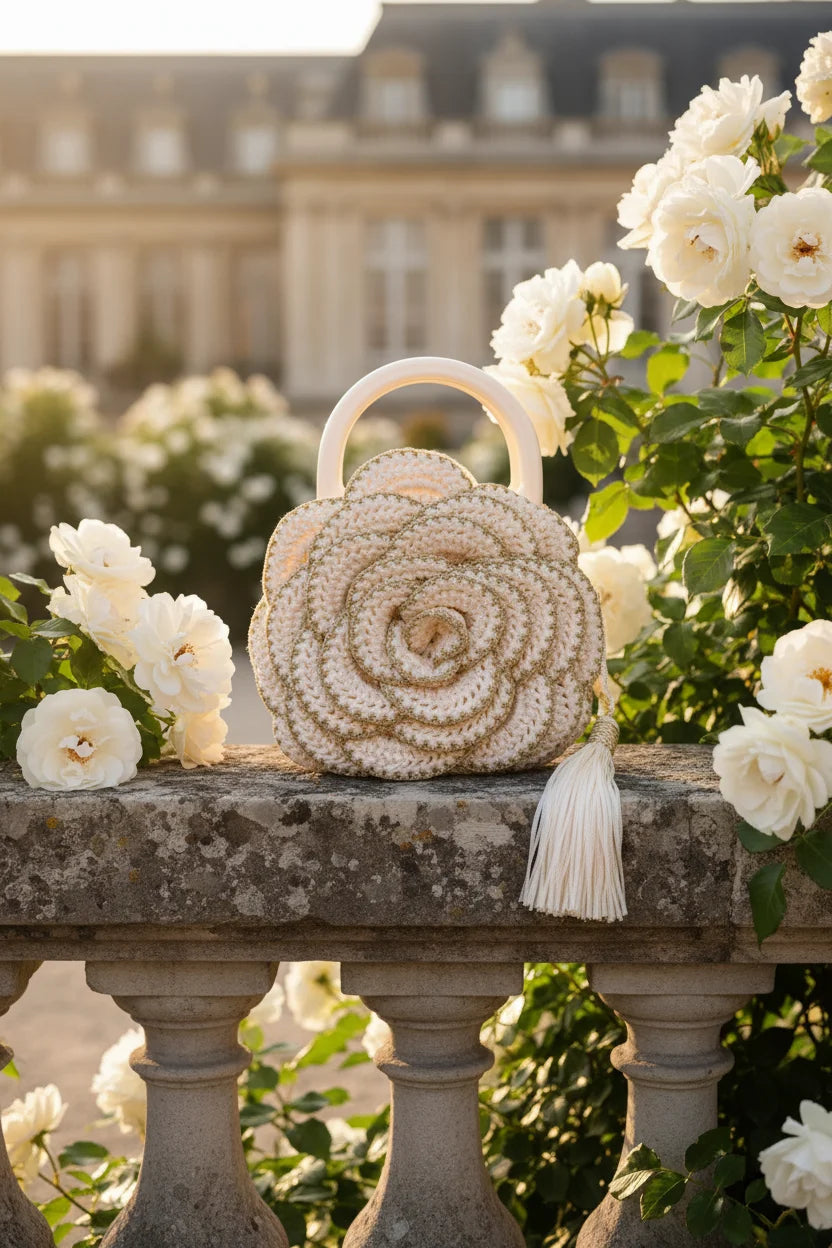 Versailles Rose handmade crochet rose handbag on stone balustrade in romantic white rose garden — Victorian Velvet