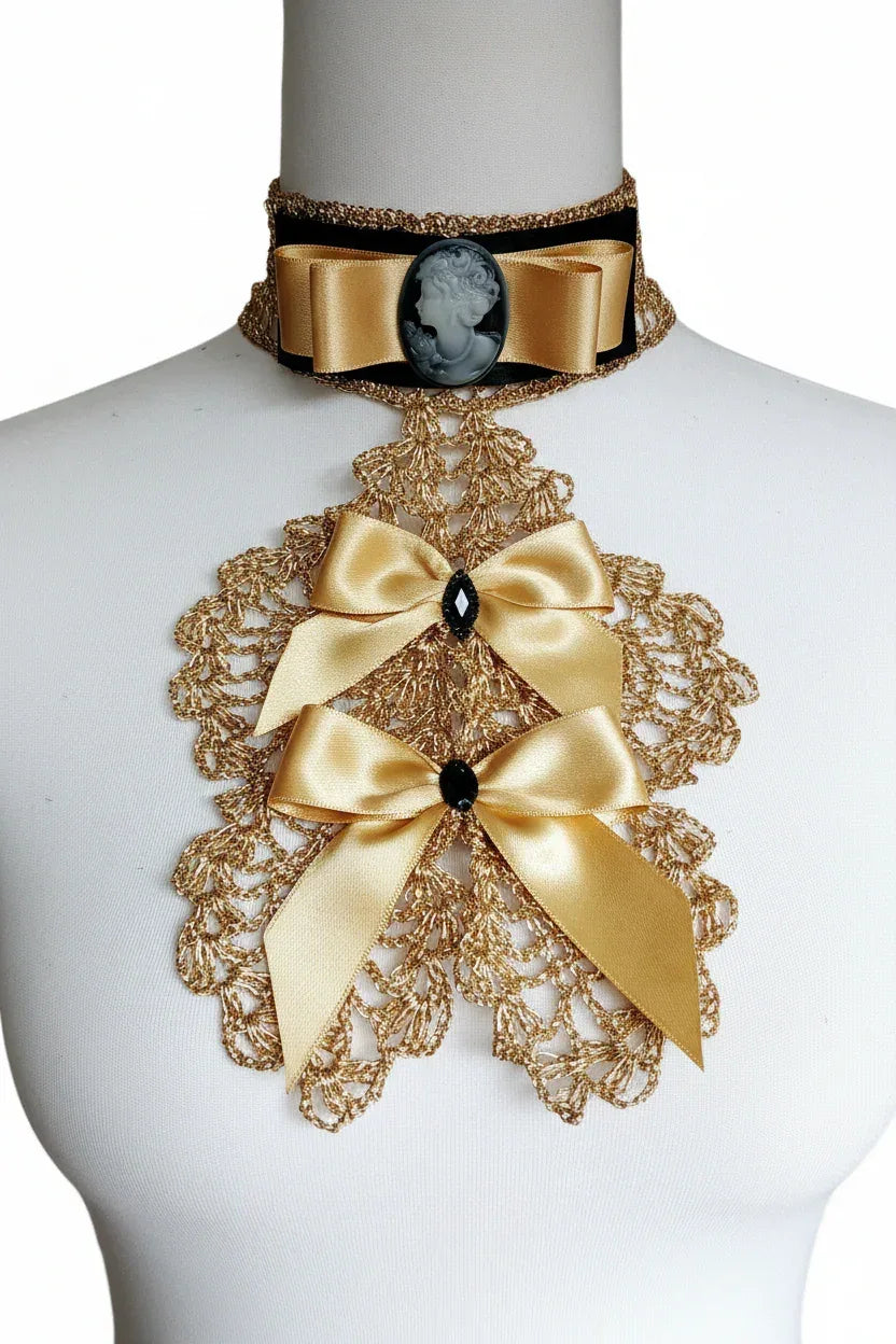 Royal Jabot with Cameo - Gold Crochet Lace - Victorian Velvet