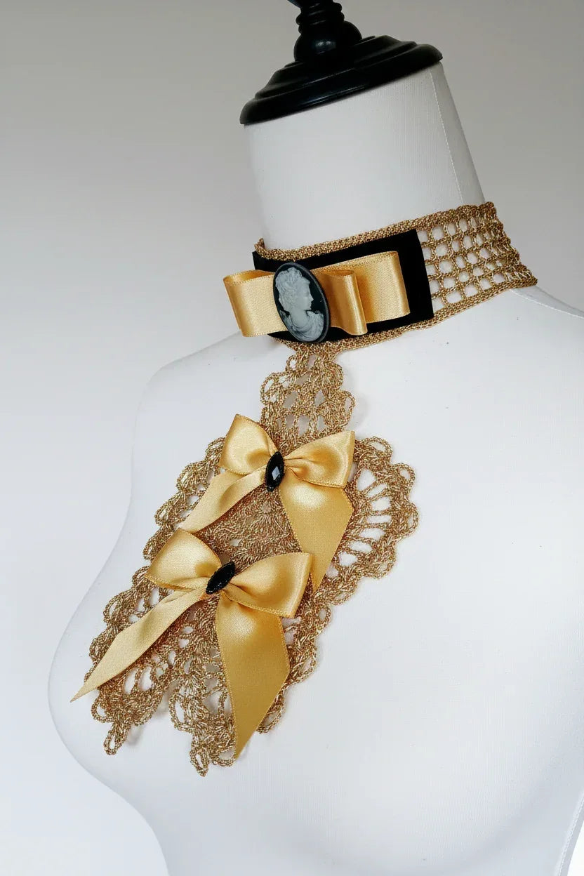 Royal Jabot with Cameo - Gold Crochet Lace - Victorian Velvet