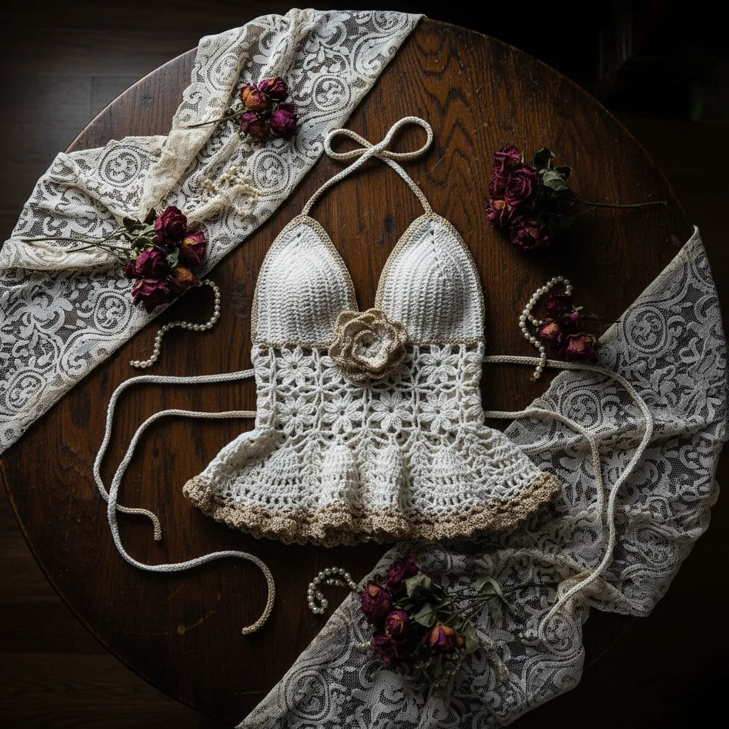 Victorian lace halter top in cream and white crochet with gold metallic trim and crystal flower brooch, flat lay on dark wooden table with dried roses and vintage lace - Victorian Velvet