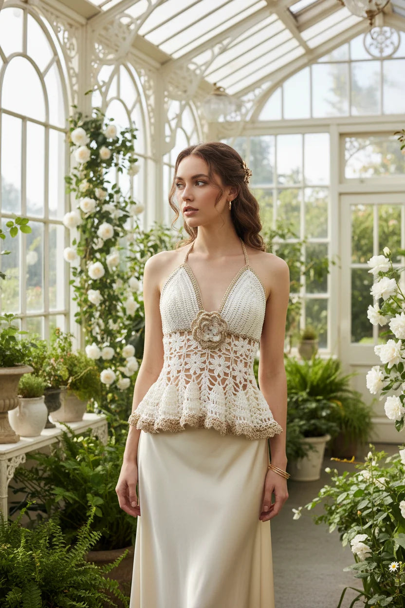 Victorian lace halter top in cream and gold crochet worn by a model in a romantic garden setting, front view - Victorian Velvet