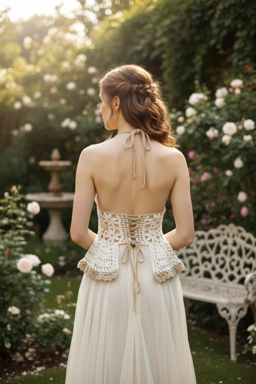 Victorian lace halter top in cream crochet with gold lace-up back detail worn by a model, back view - Victorian Velet