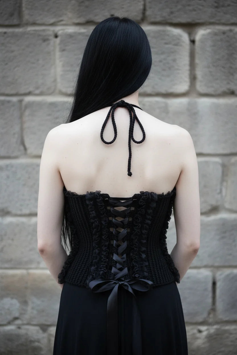 Cathedral Lace Corset – back view, pale gothic woman with long black hair, black handmade crochet corset with satin ribbon lace-up and bow, stone wall background - Victorian Velvet