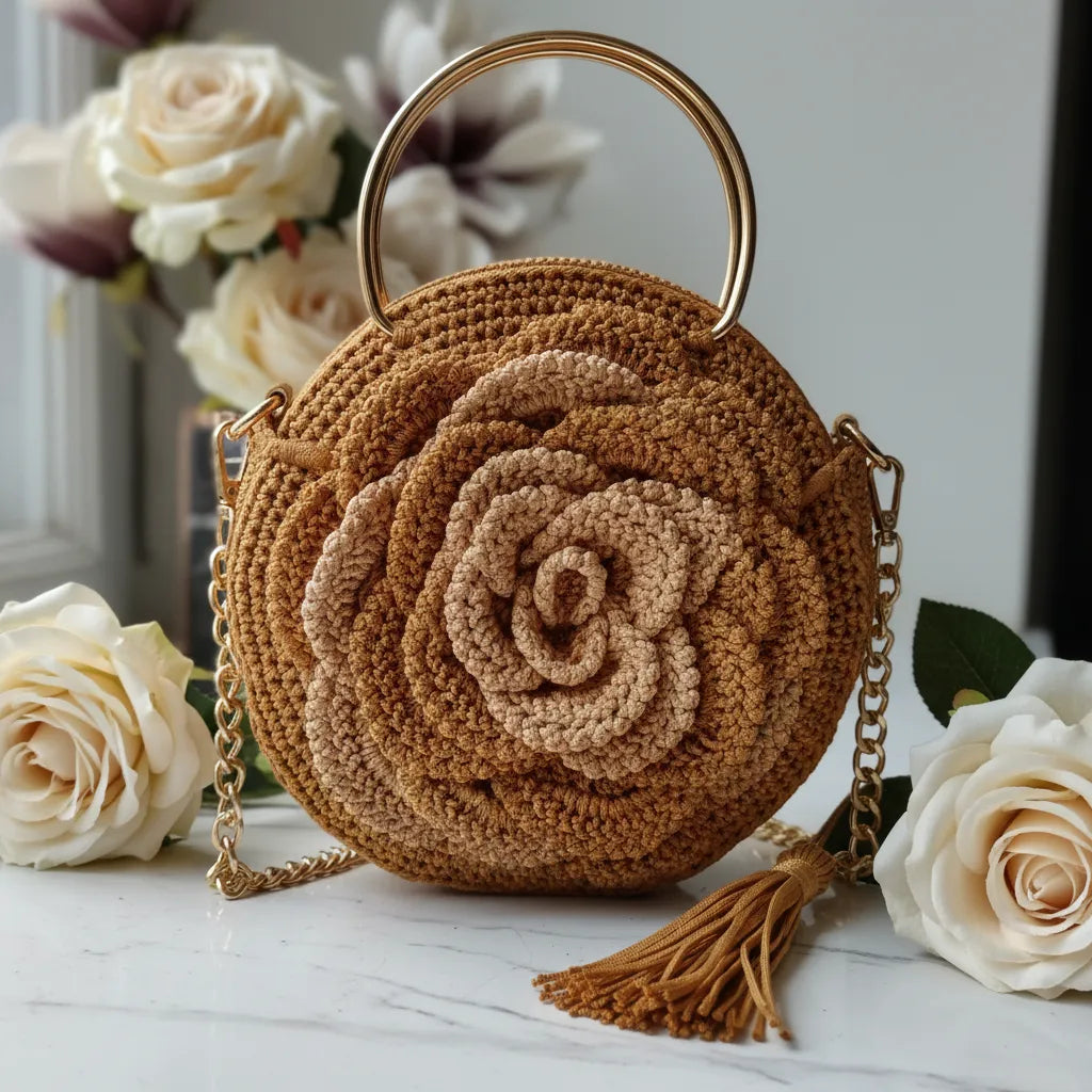 Handmade golden crochet rose handbag with gold ring handle, gold chain strap and golden tassel, displayed on white marble surface with cream roses, close-up showing detailed crochet texture by Victorian Velvet