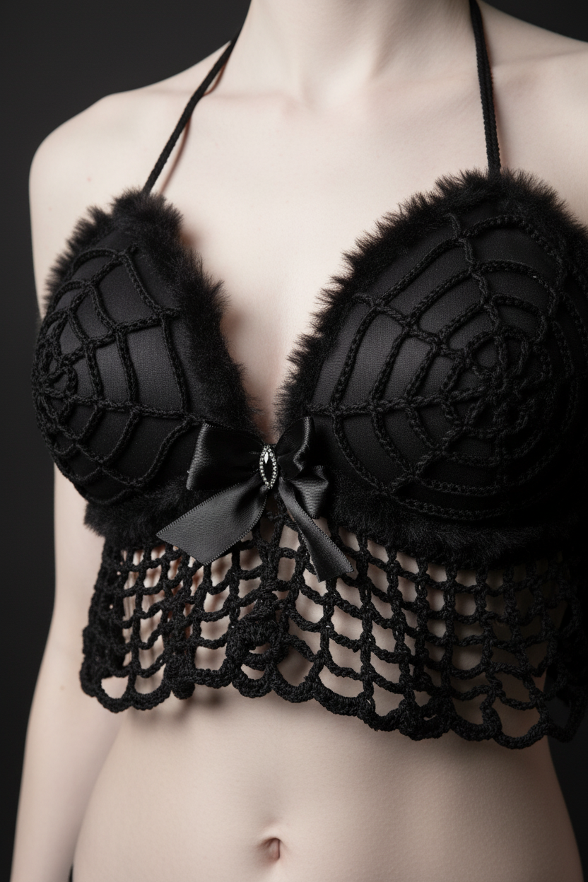 Gothic Top with Fur Cups and Crochet Ruffle